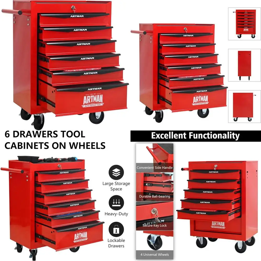 

Сверхмощная мобильная тележка для инструментов с 6 ящиками, стопорными колесами, направляющими на шарикоподшипниках — 13 глубинков x 20,9 шириной x 30,5, высота, большой сто