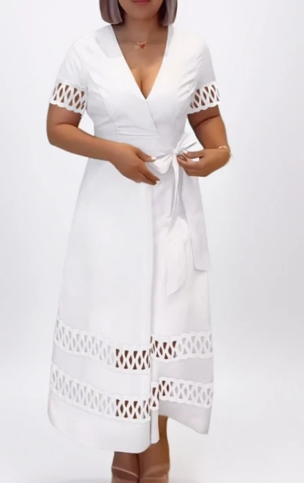 Abito elegante da donna a maniche corte con scollo a V, design ritagliato sulle maniche e sull'orlo, maxi abito con cintura in vita