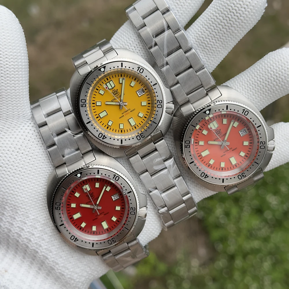 

Мужские дайверские часы STEELDIVE, 43,8 мм, автоматические механические наручные часы с черепахой, 20 бар, светящийся сапфир, NH35, 120 щелчков, стальной безель