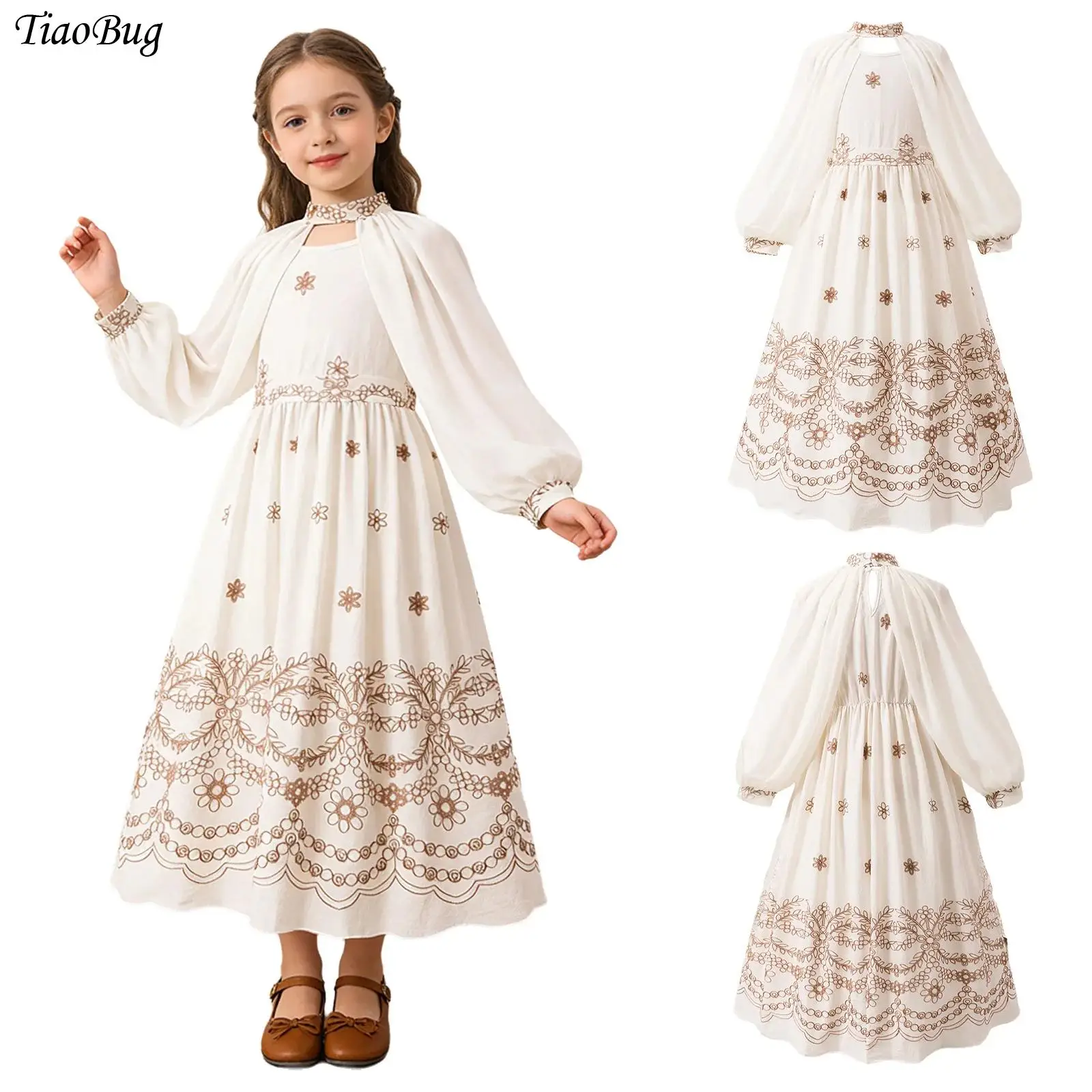 

Kids Girls Casual Daily Costume Long Puff Sleeve Cape Dress Halter Neck Floral Embroidery Design for Birthday Party Photography