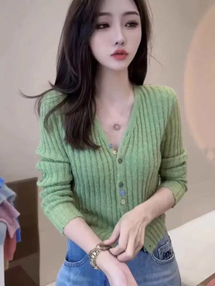 

Women's V-Neck Long Sleeve Knitted Cardigan Sweater Color Button Design Slimming Base Layer Top Spring Fashion Commute Style