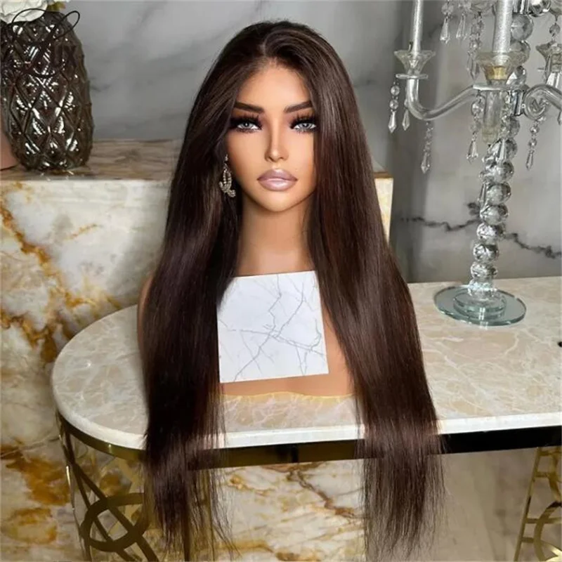 Brown Wigs Straight Silk Top Jewish Human Hair 28inch With Baby Hair HD Lace 5x5 Silk Base European Hair Glueless Preplucked Wig