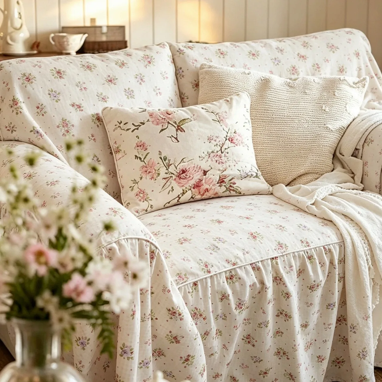French Cream Style Fresh Classic Floral Versatile All-season Pure Cotton Sofa Towel Cover 2 and 3 Seater Sofa Cover Whole Cover
