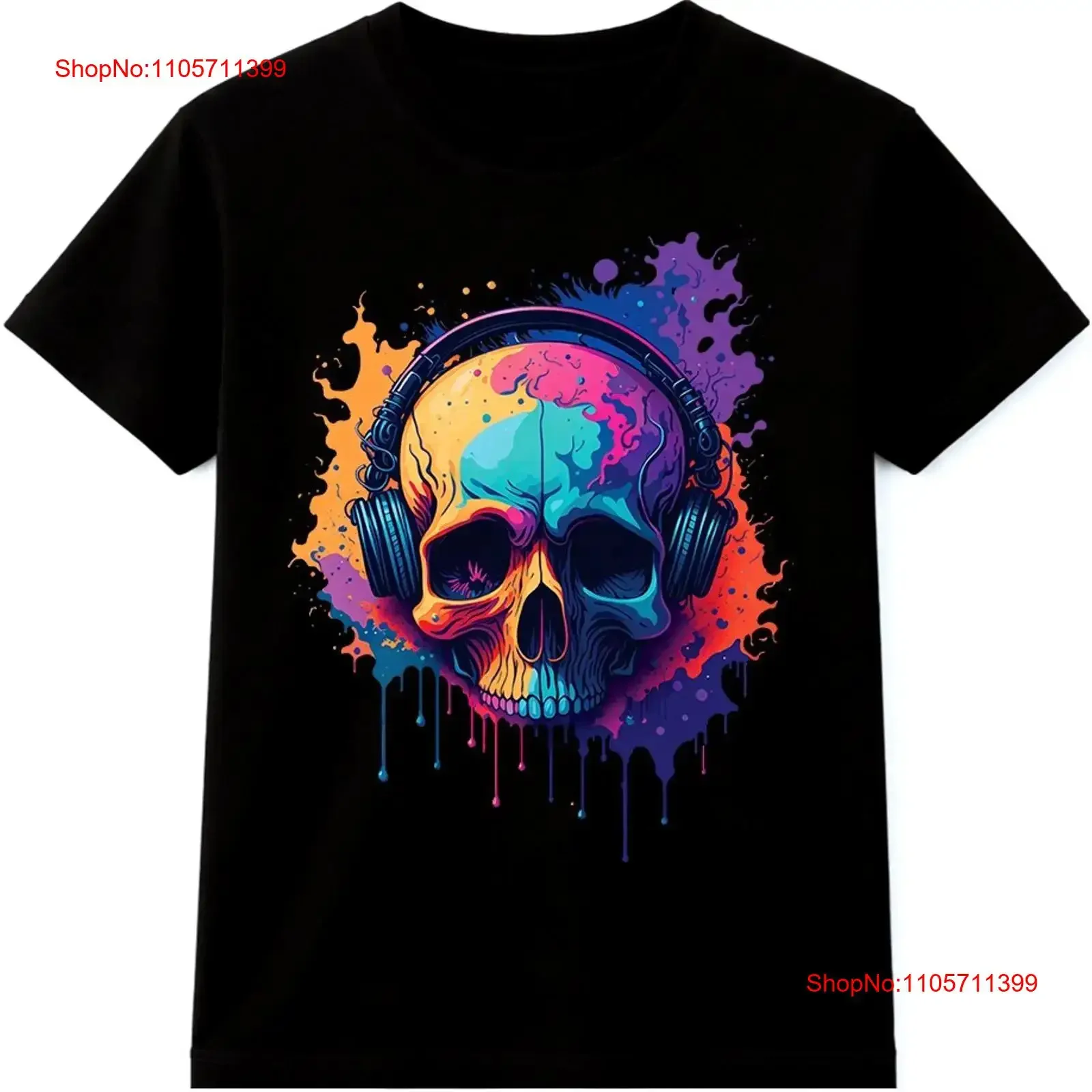 Skull Headphones T Shirt DJ Music Lover Paint Splash Design long or short sleeves vintage Washed Casual fashion Versatile