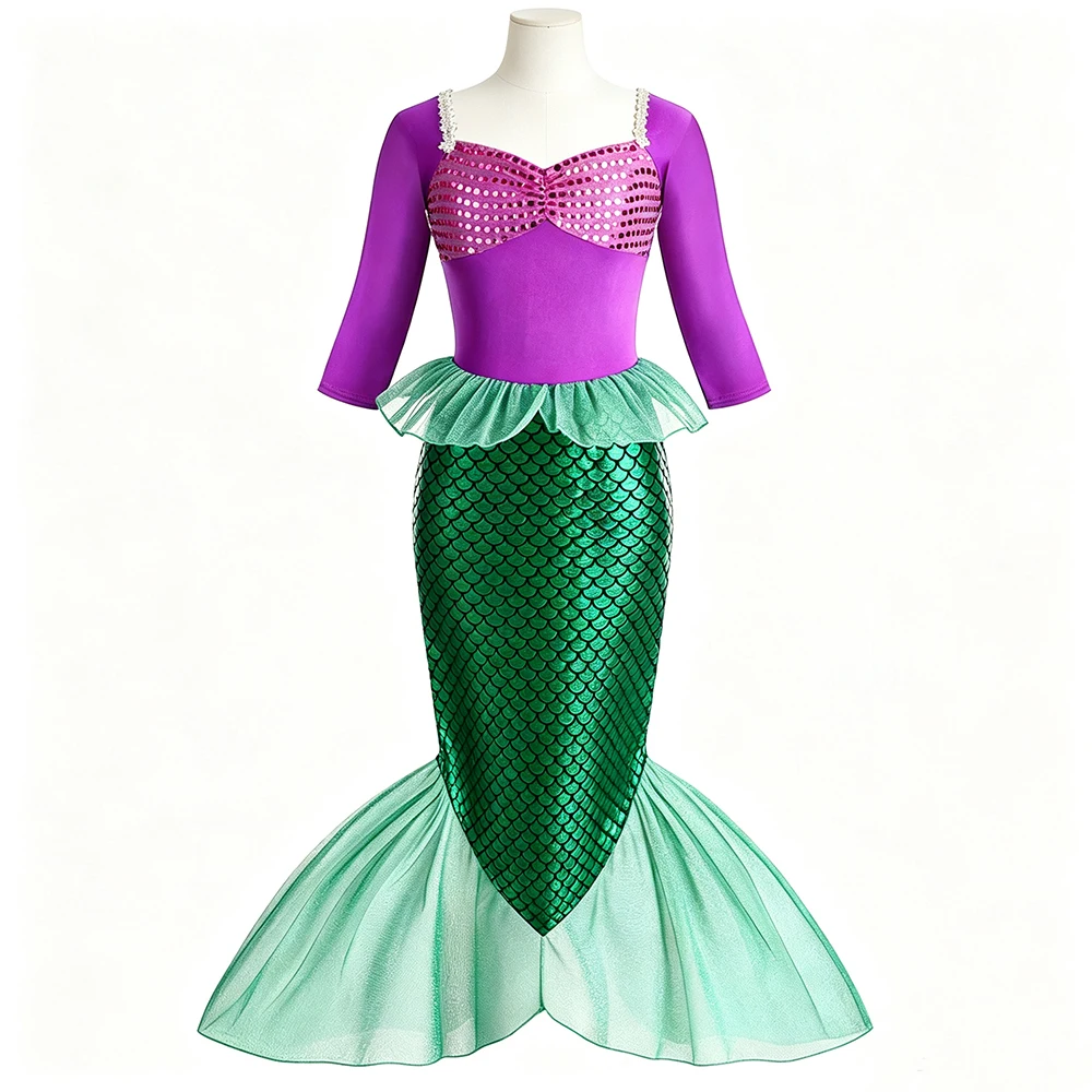 Mermaid Costume Girls Long Sleeve Fishtail Costume With Scale Print Crown Necklace Complete Accessories Set For Sea Theme