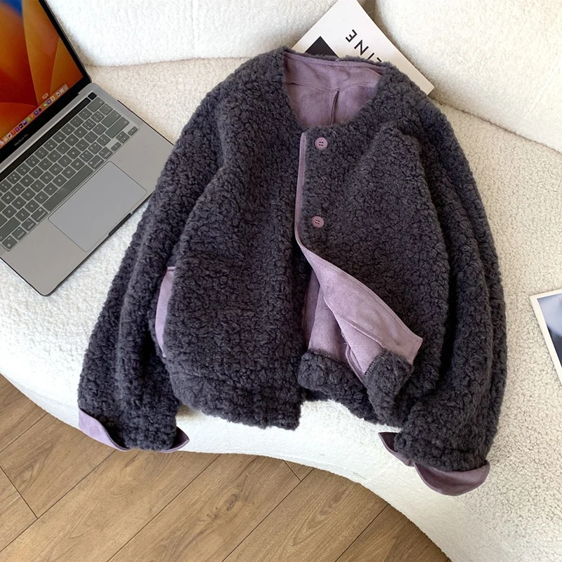 MEXZT Lamb Wool Coats Women Fashion Cropped Suede Patchwork Jackets Winter Korean Long Sleeve Pockets Design Furry Outerwears