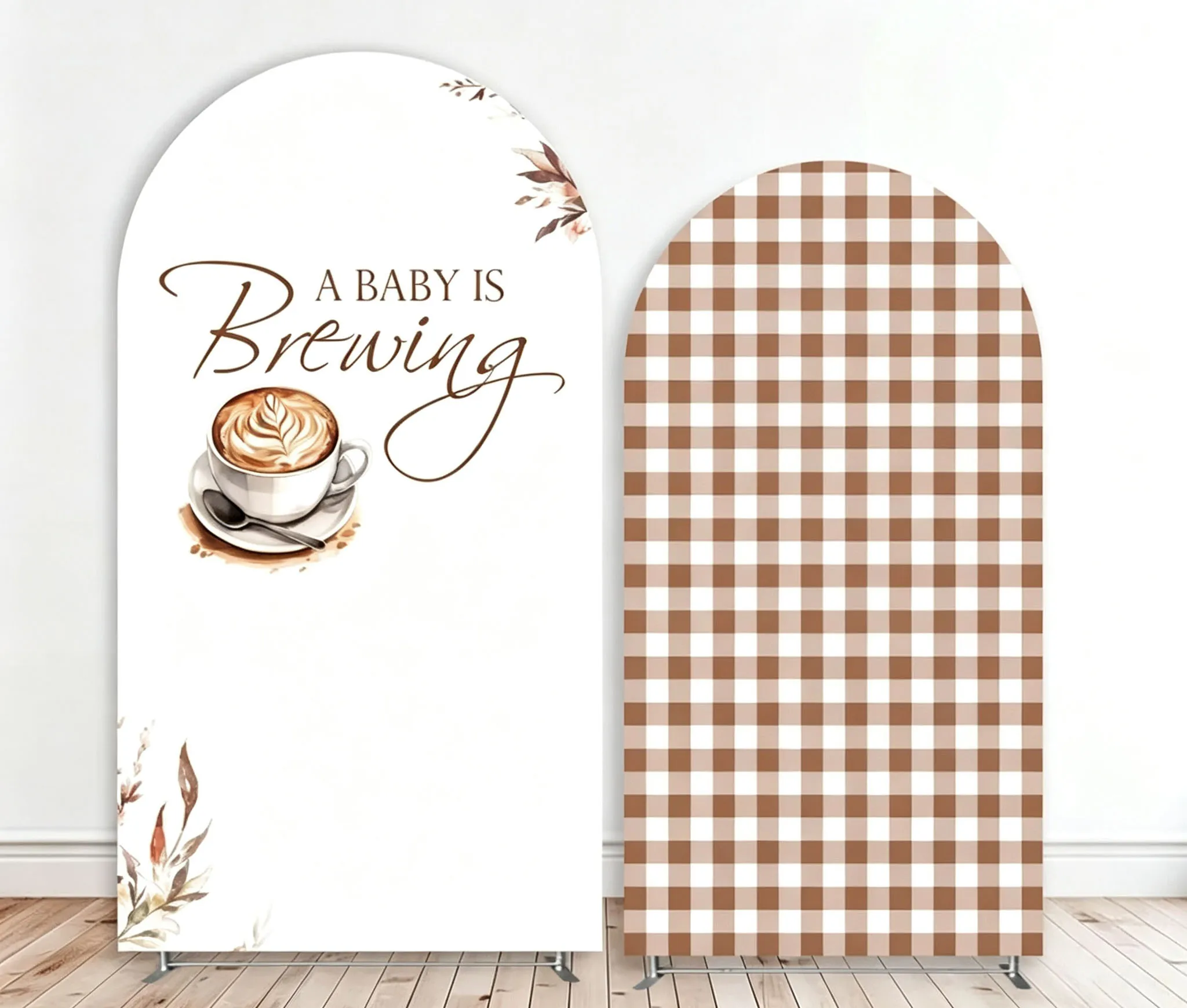 Custom 2-Side Baby is Brewing Baby Shower Arch Backdrop Cover Coffee Party Grid Birthday Party Photography Background