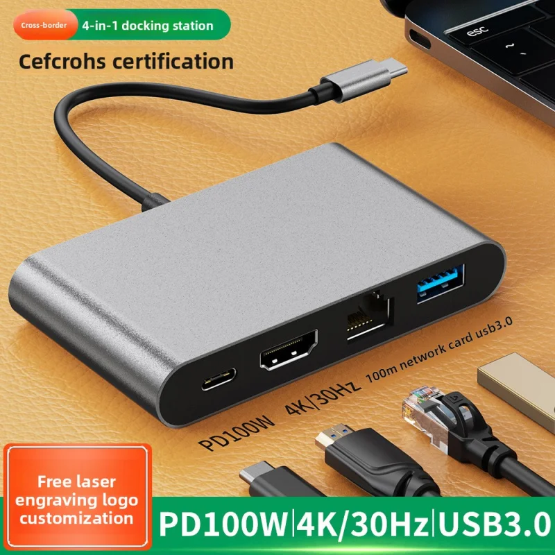 

Type-C Docking Station to HD 4K 30Hz Network Card USB 3.0 Hub 3.0 Converter