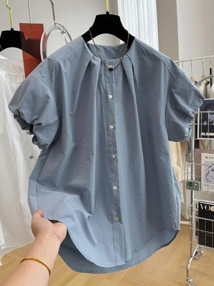 

SuperAen 2024 Summer Bubble Sleeve Shirt Women's Short Sleeved Korean Style Loose Casual Fashion Pleated Shirt