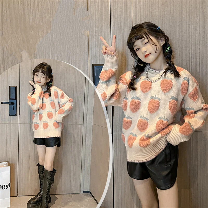 Cute Style Kids Girl Spring Autumn Sweater with Strawberry Embroidery Children Elegant Clothing Knitwear 5 6 7 8 9 10 12 13 14 Y
