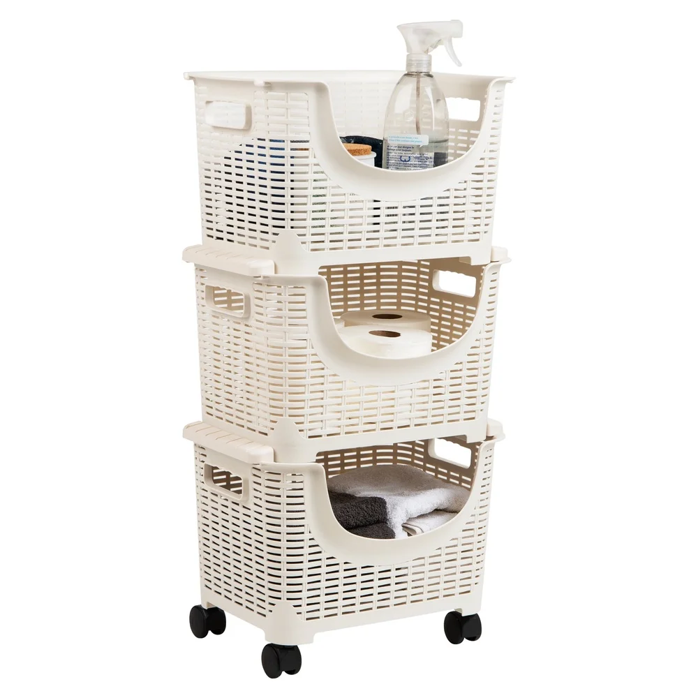 3-Tier Rolling Laundry Cart Plastic Organizer Kitchen Laundry Toys Crafts Easy Mobility Detachable Baskets Durable Versatile