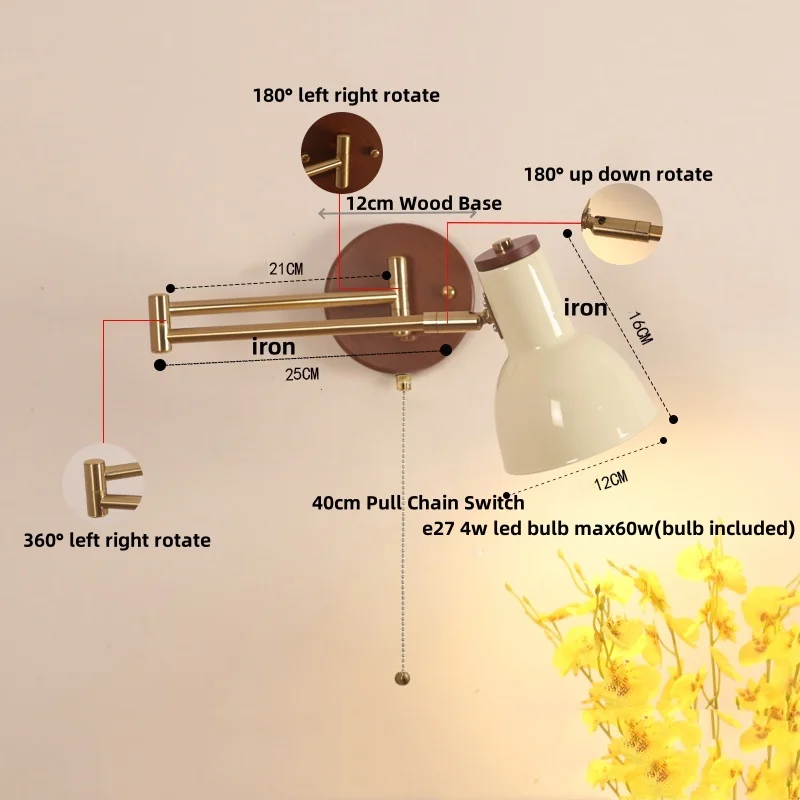 Modern Simple Rotatable Wall Lamp Long Swing Arm LED Wall Lights Foyer Bedroom Hotel Wood Pull Chain Switch Vanity Light