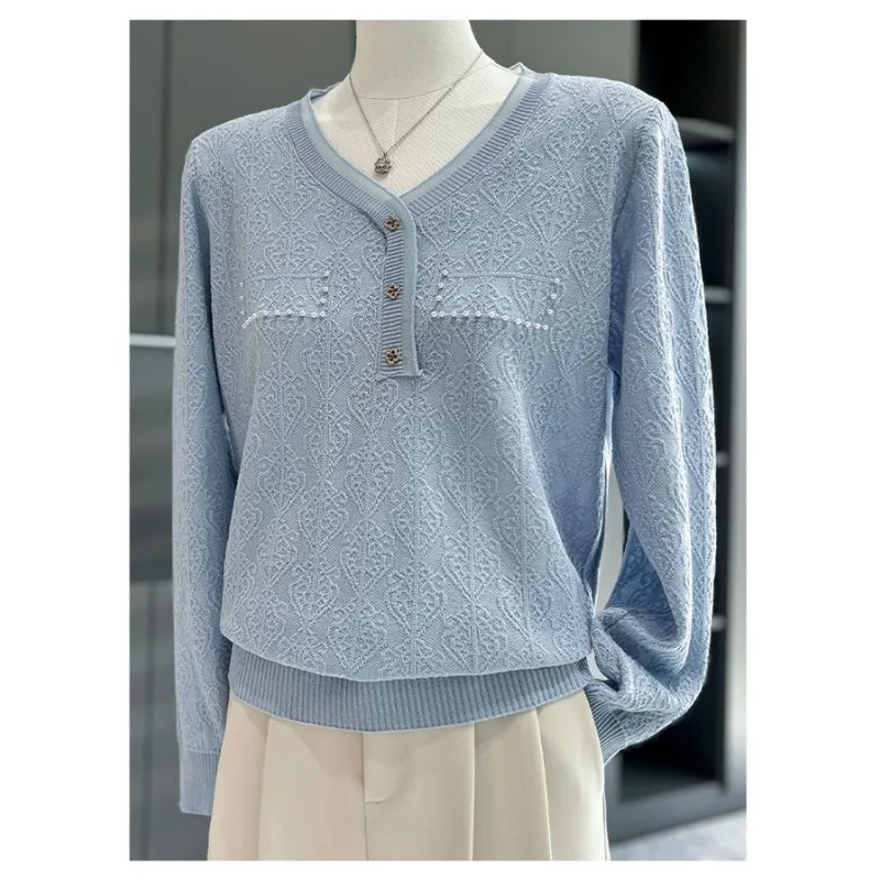 Pullover a maniche lunghe casual versatile autunnale da donna Bottoni con scollo a V Top lavorato a maglia a maniche lunghe tinta unita alla moda