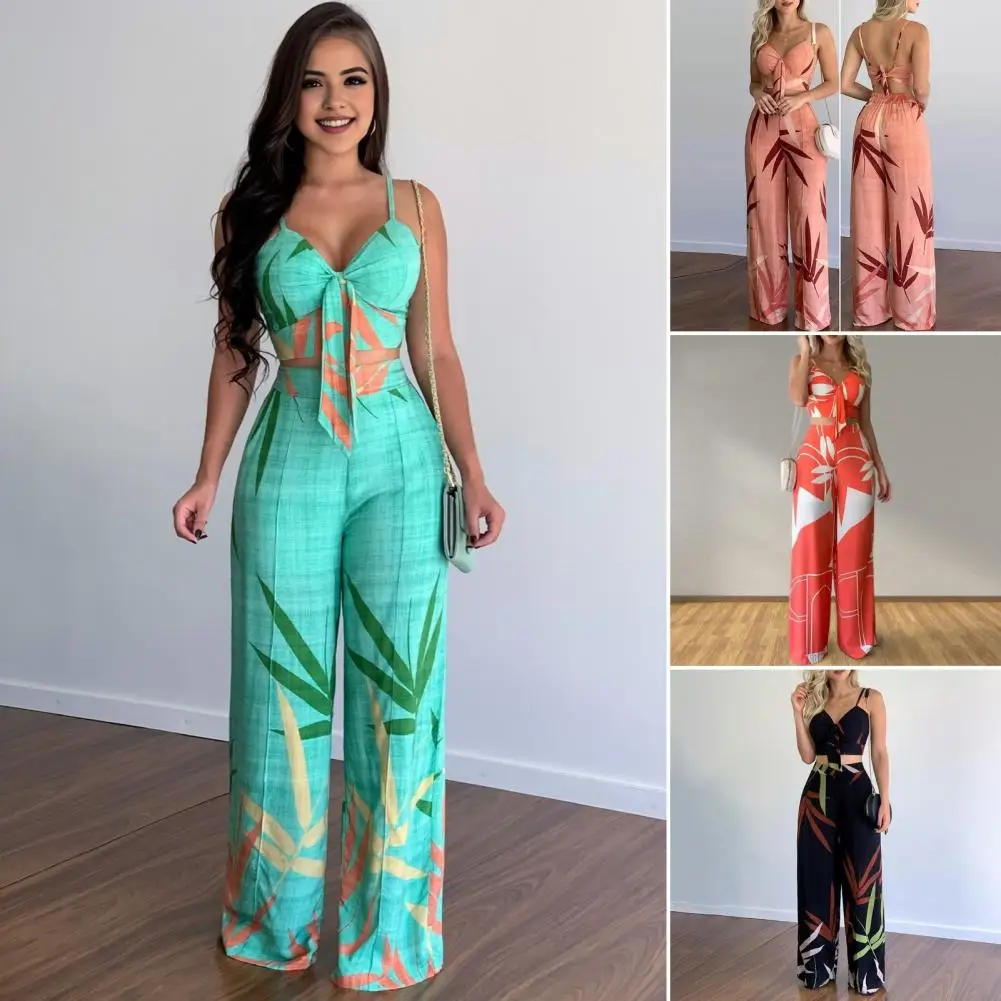 

Lady Daily Clothes Stylish Women's Resort Wear V Neck Backless Camisole Wide Leg Pants Set for Beach Vacation Trendy for Summer