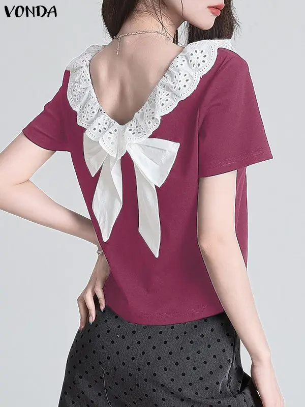 

VONDA модные футболки с бантом на спине, женские летние рубашки, кружевные футболки, 2025 стильные корейские топы, повседневные лоскутные милые Blusas Femininas