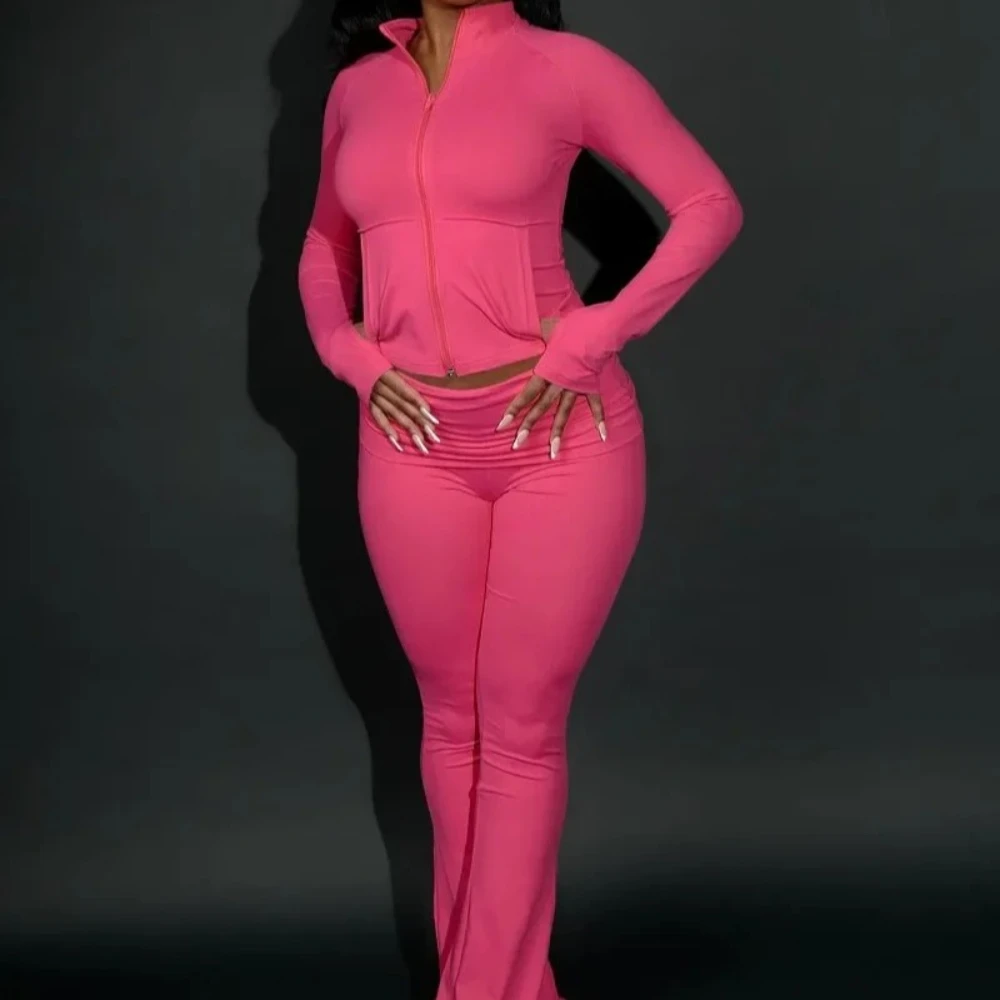 Women Solid Tracksuits with Headband 2 Piece Set Long Sleeve Zipper Jackets Tops + Lapel High Waist Flare Pants 2025 Autumn Suit