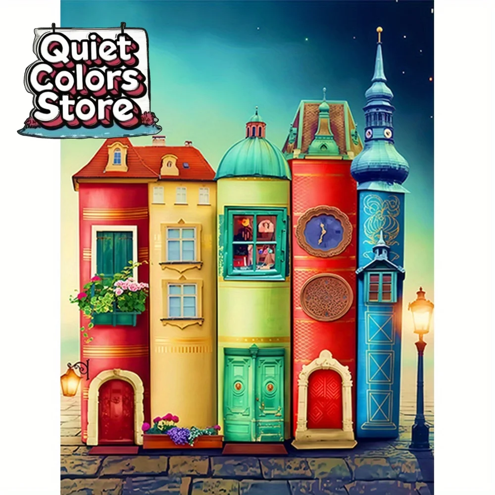 (Quiet Colors Store)1pc Colorful Cartoon House-40.64x50.8cm-Frameless-Beginner DIY Number Painting Kit-Color by Number-Handmade