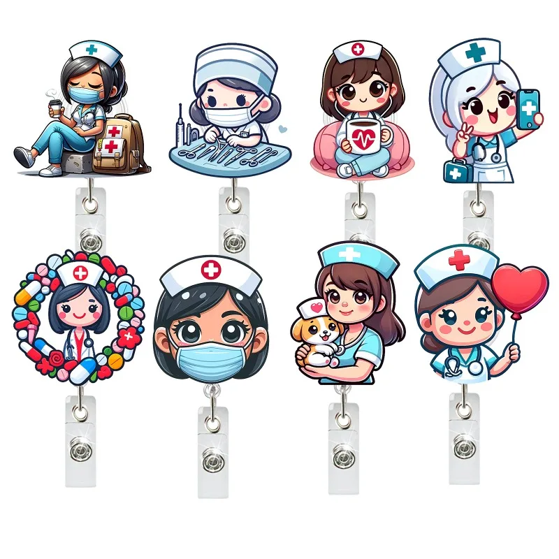 

Acrylic Cartoon Doctor Nurse Badge Reel for Working Permit Case Retractable Rotating Badge Certificate Card Cover Clips