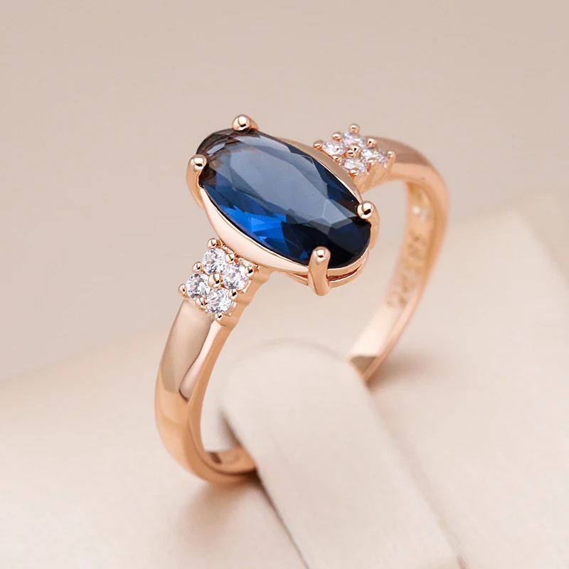 Kinel Unusual Shiny Oval Blue Natural Zircon Bride Rings Luxury 585 Rose Gold Color Wedding Party Daily Jewelry for Women