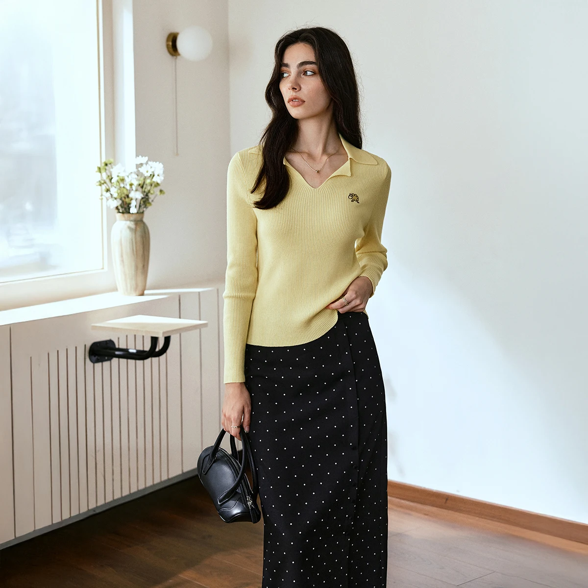 

OLrain POLO Collar Sweaters 2025 New Solid Commute Women Knitted Slim Fit Pullover Soft Long Sleeve Embroidered Tops O57QZ000200