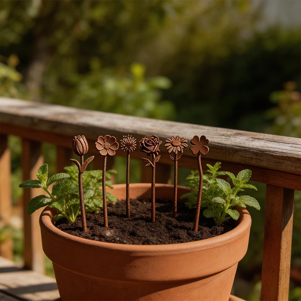 Metal Garden Flower Stakes 6 Pack for Yard and Patio Decoration Featuring Classic Floral Motifs and Robust Build
