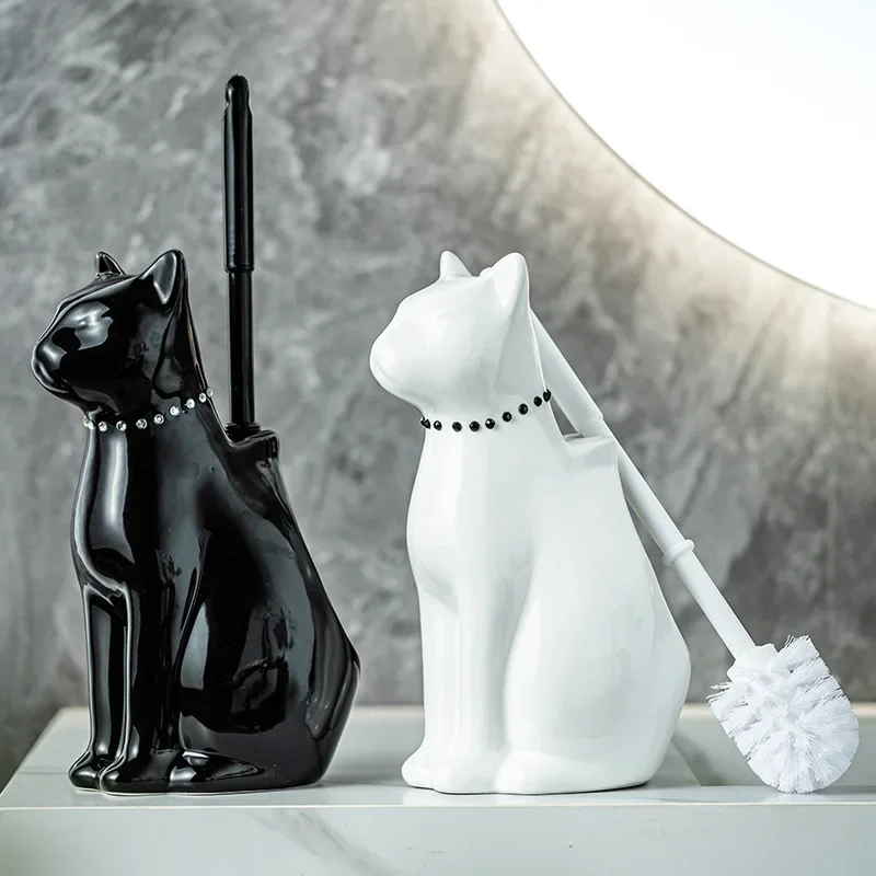 Creative Black White Cat Animal Ceramic Toilet Brush Toilet Cleaning Tools Cartoon Animal Cat Toilet Brush Bathroom Accessories