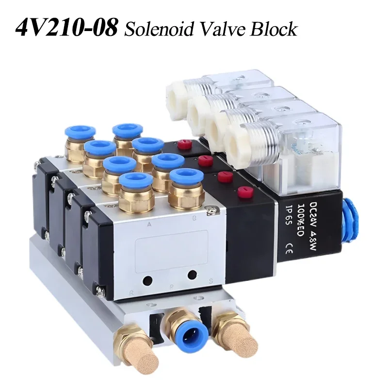 HLH 4V210-08 Pneumatic Solenoid Valve Block DC12/24V Multi Option With Muffler Fitting AC 110/220V Base Manifold 2/3/4/5/6/8/10