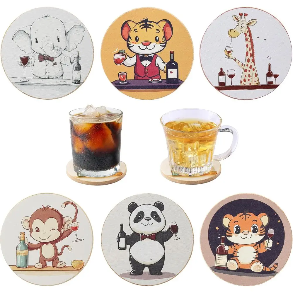 

Set of 6 Natural Bamboo Animal-Themed Drink Cups, Perfect for Home Decor and Coffee Tables, 4x4x0.27 Inches