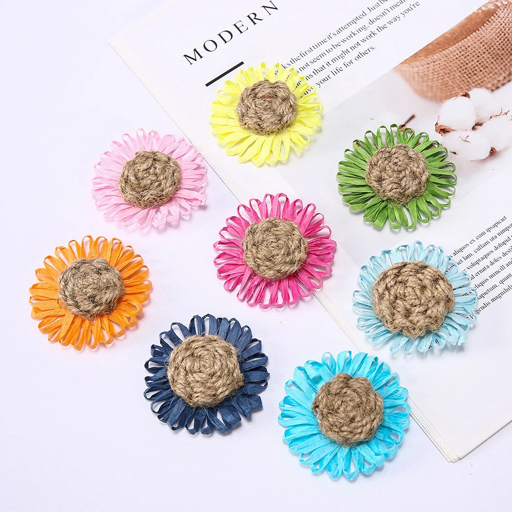 50pcs 6cm Imitation Raffia Rattan Cotton Hemp Rope Daisy Sunflower Patch with Felt Sheet DIY Dress Hat Jewelry Decoration