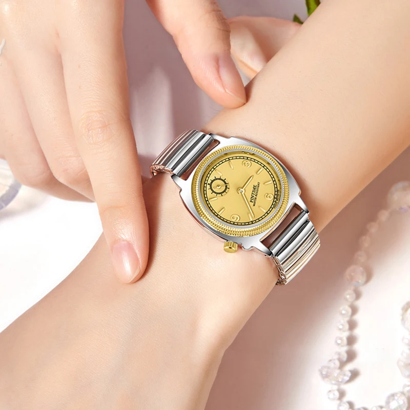 Jam tangan quartz vintage niche dengan tali teleskopik, dial detik independen, retro mewah ringan, jam tangan wanita modis, tali pegas