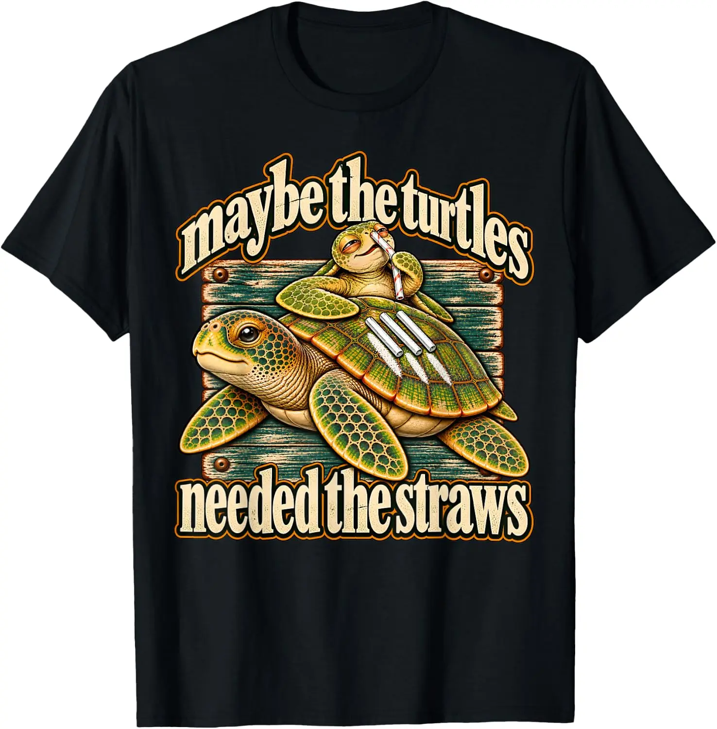 Maybe Turtles Needed The Straws T-Shirt Men Vintage Graphic T‑Shirt, Casual Crew Neck Short Sleeve Retro Art Print Tee, Classic Distressed Style Printed Top