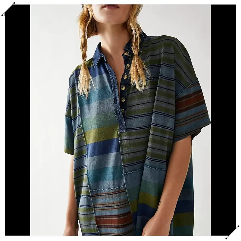 Women Contrast Striped Babydoll Y2k Summer Patchwork T- Shirt Dress Vintage V Neck Short Sleeve Dress