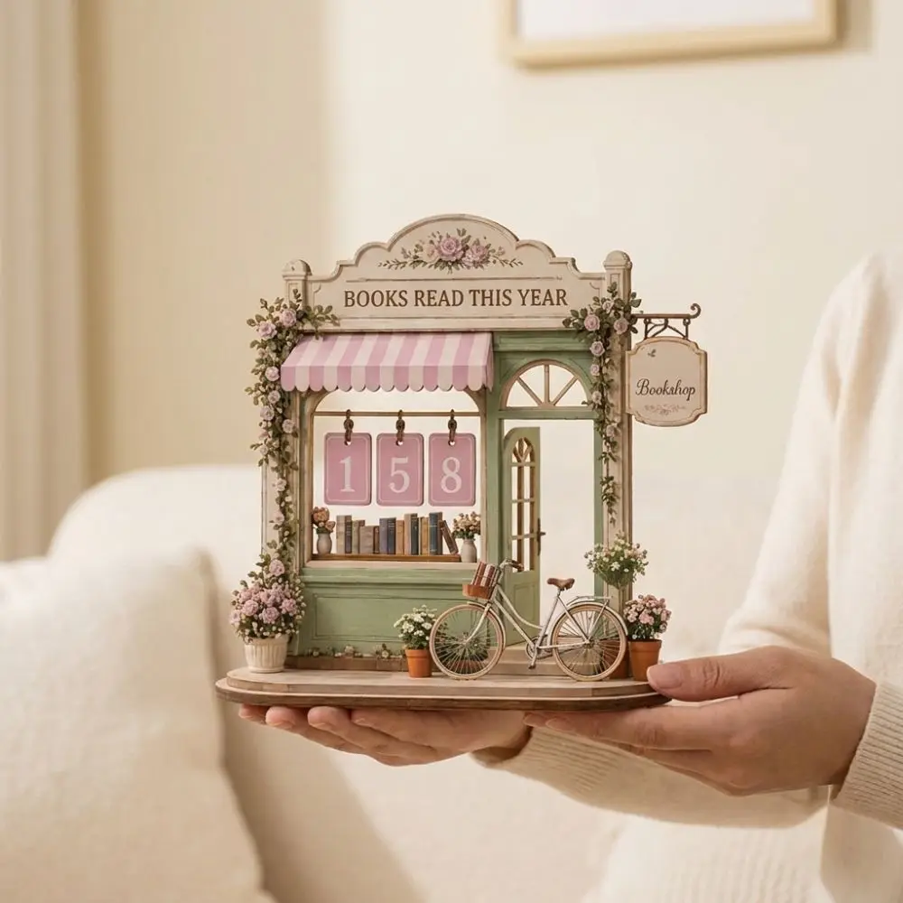2D Flat Wooden Reading Tracker Vintage Fairy House Book Tracker Sign Flip Tile Counter Hand Painted Reading Challenge Tracker