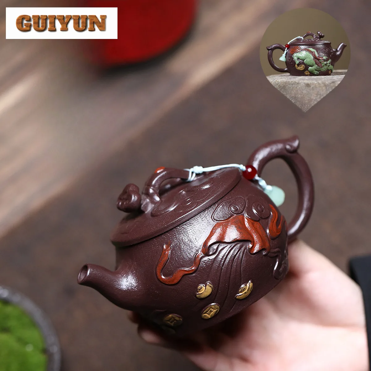 

270ml Yixing Purple Clay Teapots Handmade Kylin Gold Ingot Ruyi Pot Raw Ore Large Caliber Mud Tea Making Kettle Zisha Teaset Cha