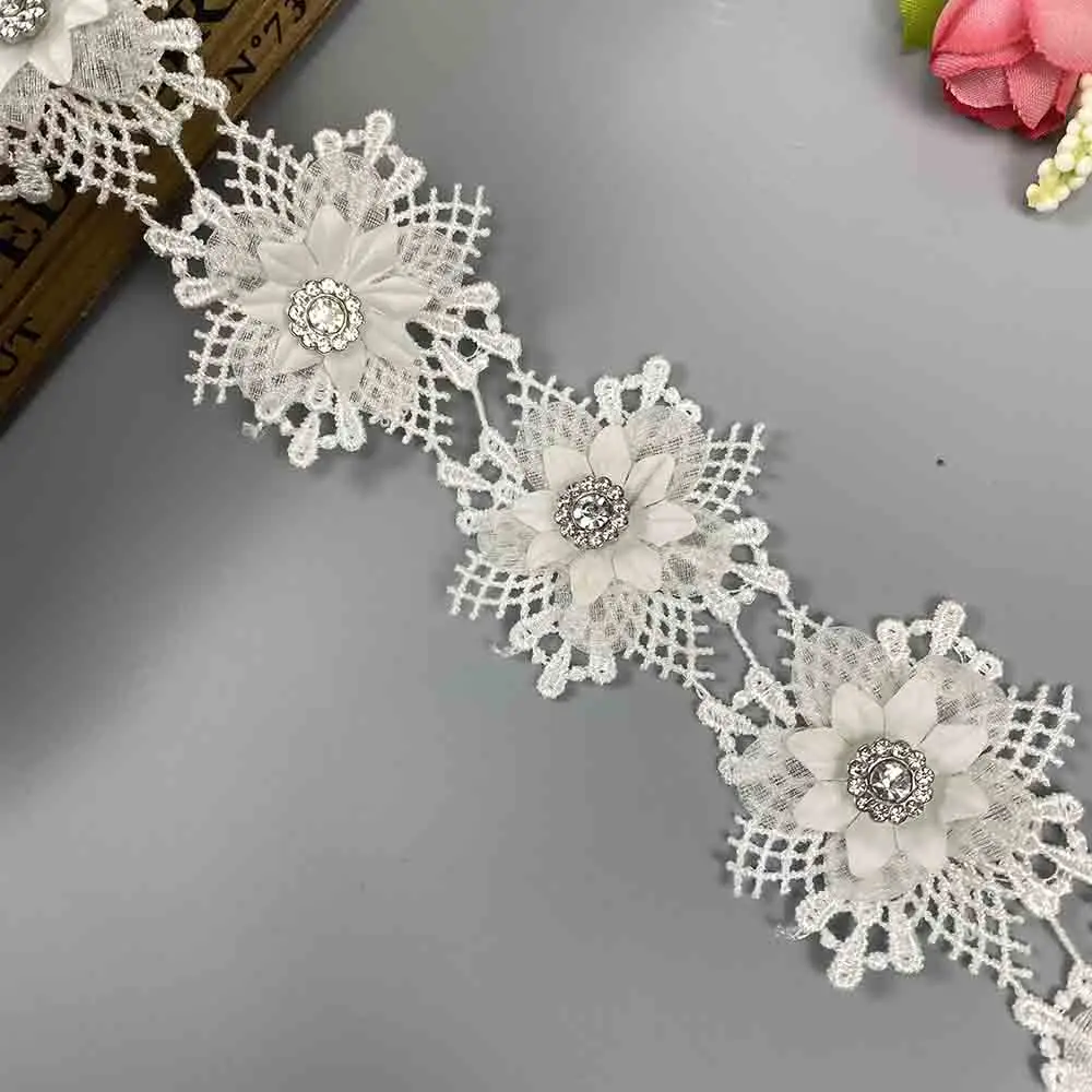 10Pcs White Flowers Pearl Beaded Ribbon Embroidered Lace Trim Applique Fabric Handmade Wedding Dress DIY Sewing Supplies Crafts