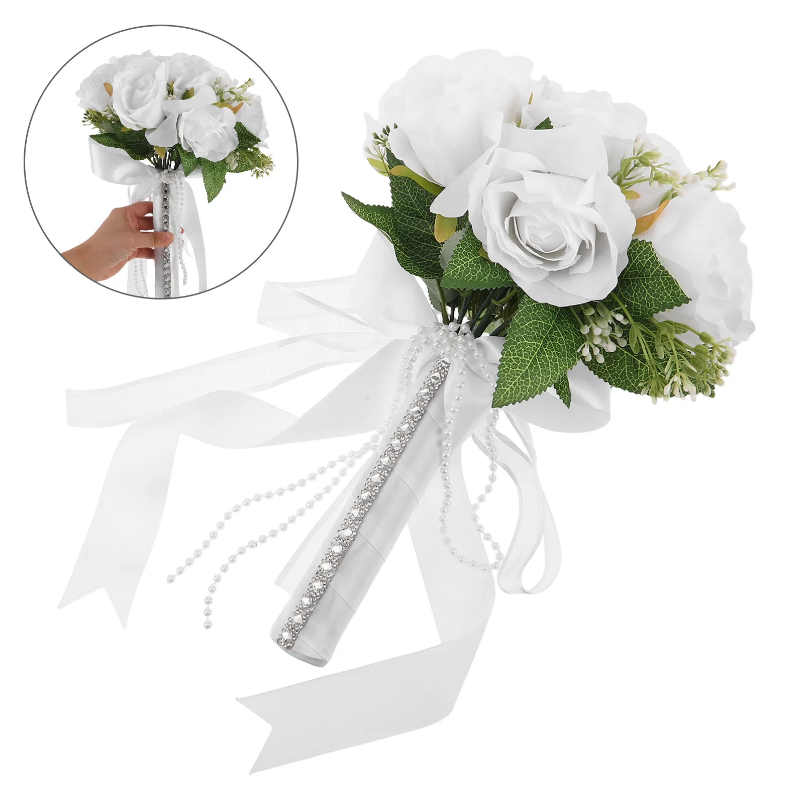 

Silk Rose Wedding Bouquets for Bride Classic Western Style Hand Bouquet for Wedding Party Artificial Flowers Toss Bouquet White