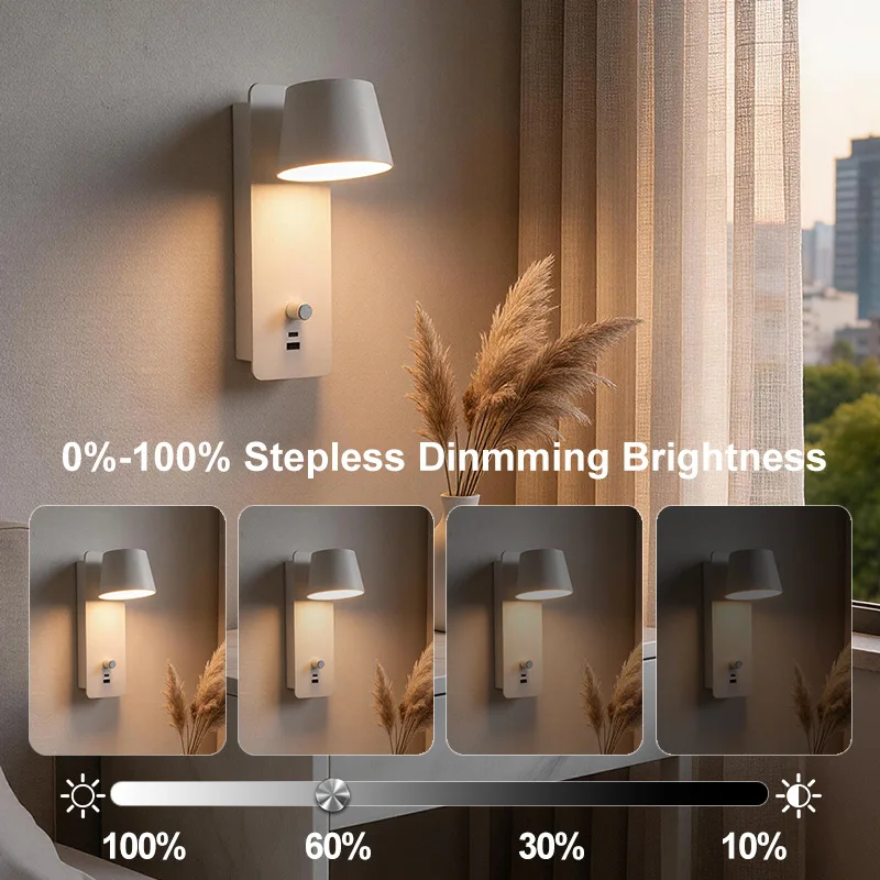 European Style New LED Wall Lamp with Infinite Dimming USB Type-C Dual Interface Charging Bedroom Bedside Reading Lighting
