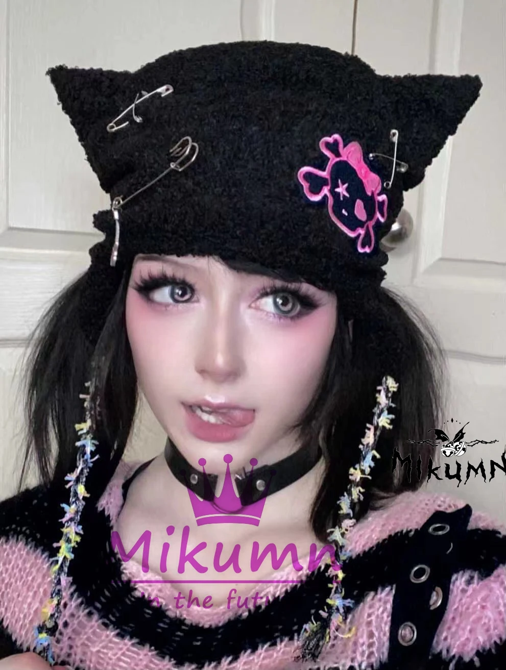 Mikumn Japanese Harajuku Kawaii Black White Skull Cat Ears Hats For Women Girl Winter Warm Lambswool Cute Beanie Caps