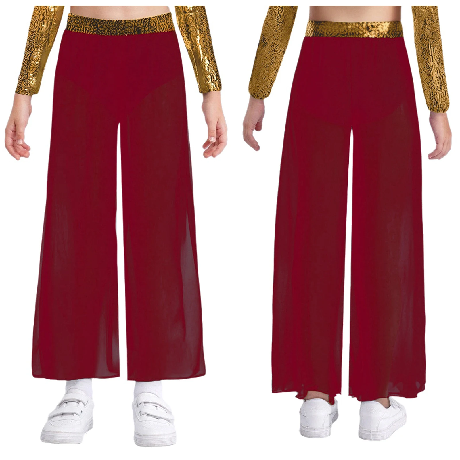 

Kids Girls Lyrical Dance Costumes Jazz Ballet Dance Pants Chiffon Wide-Leg Side Slit Dance Pants for Stage Performance Clothes