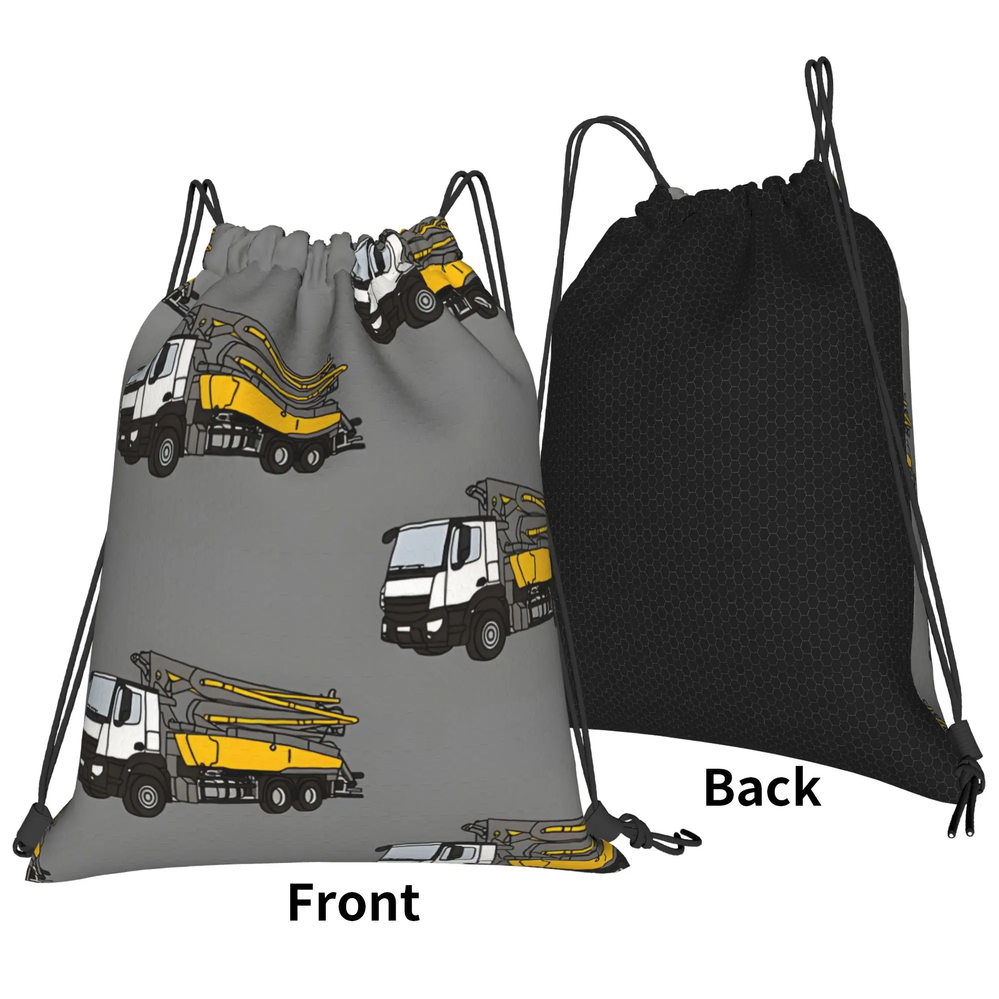 Simple Concrete Pump Truck Illustration With Grey Background Construction vehicle Portable Drawstring Bags Storage Backpacks