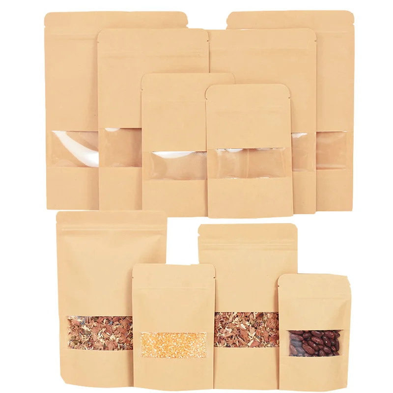 20/50pcs Kraft Paper Zip Lock Bags With Window Food Snack Tea Self Sealing Storage Bag Wedding Home Candy Gifts Packaging Pouch