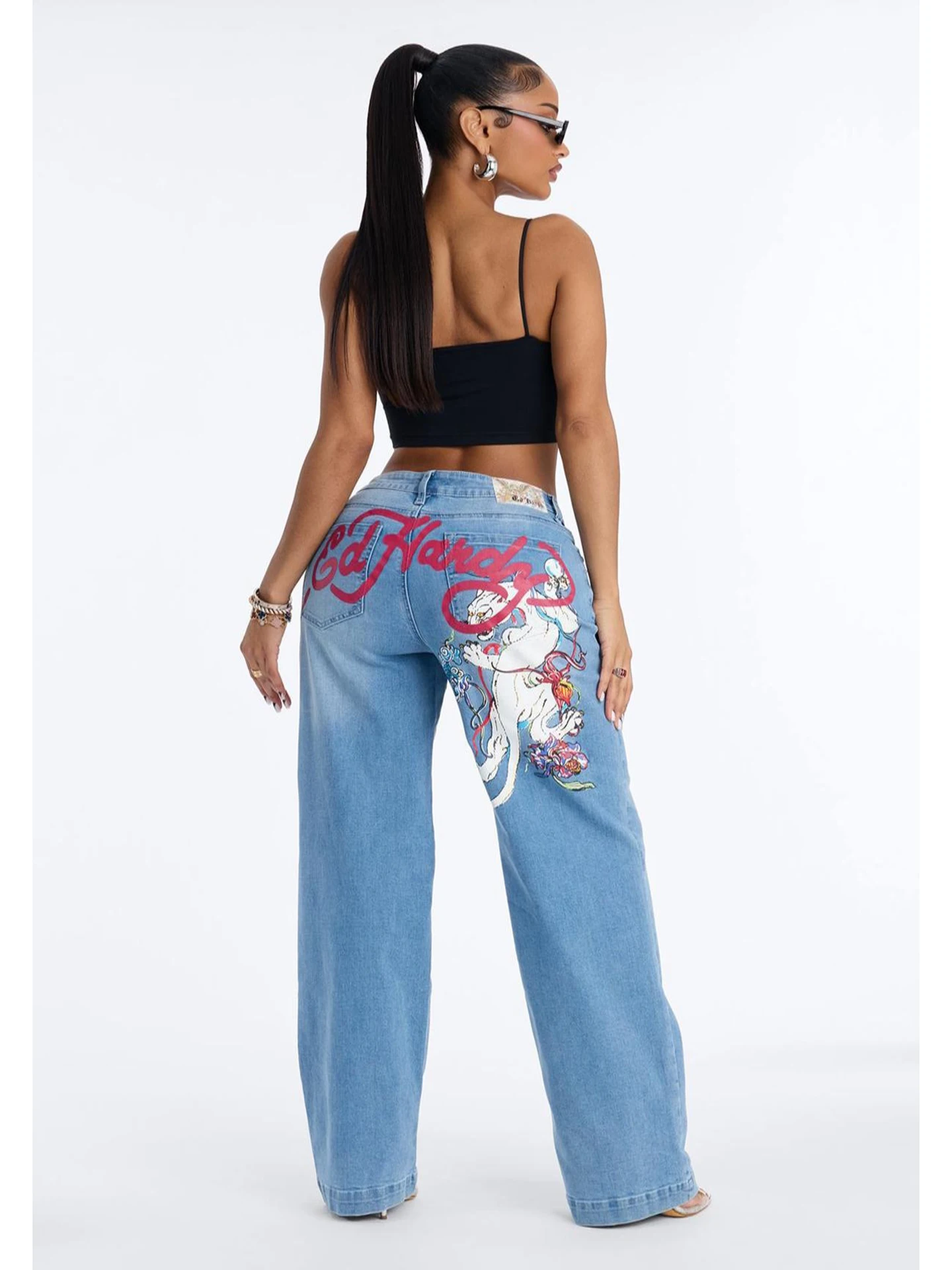 

High Waist Drapey Straight Leg Jeans Cloud Tiger Print Casual Wear All Seasons High Elasticity Loose Fit Ladies Jeans