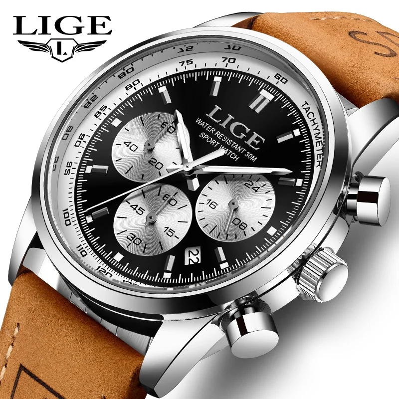 LIGE Luxury Mens Watches High Quality Waterproof Chronograph Luminous Man Wristwatch Leather Men Quartz Watch Casual Clock