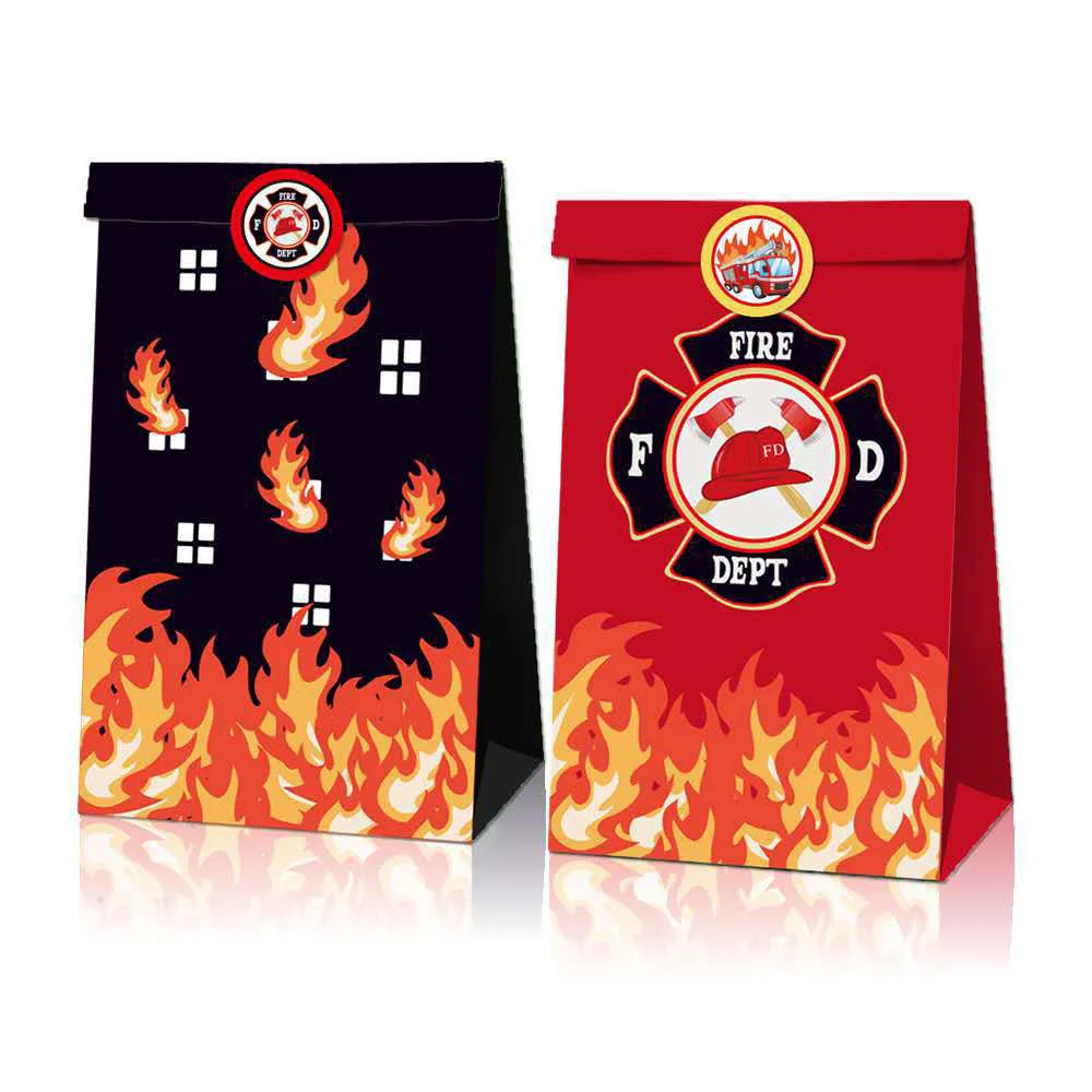 12pcs Fireman Birthday Paper Candy Bags Firetruck Gift Bags With 18pcs Stickers Boy Firefighter 4th Birthday Party Decoration