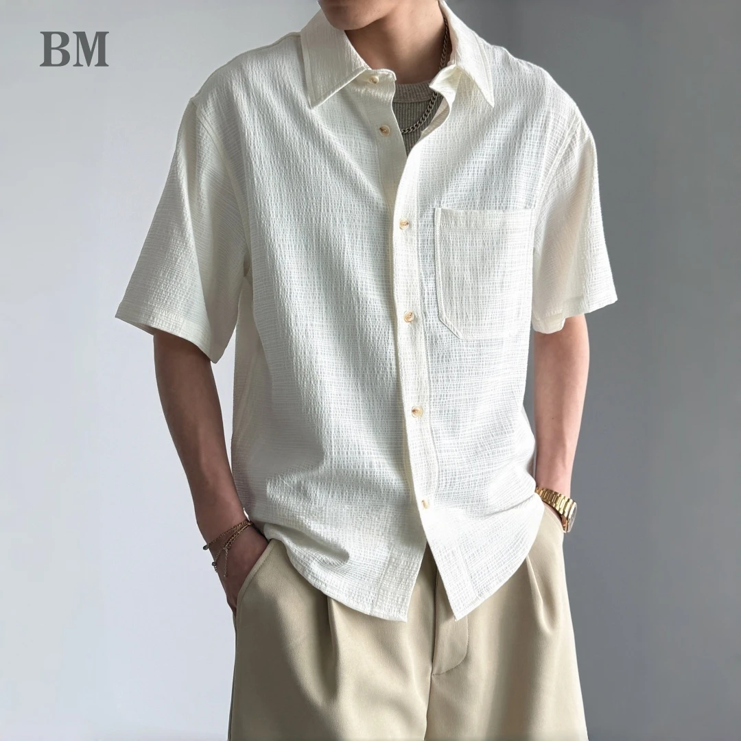 

Lyocell Summer Cooling Breathable Short Sleeve Shirt Mens Solid Color Minimalist Polo Beige Lightweight Trendy Casual Everyday