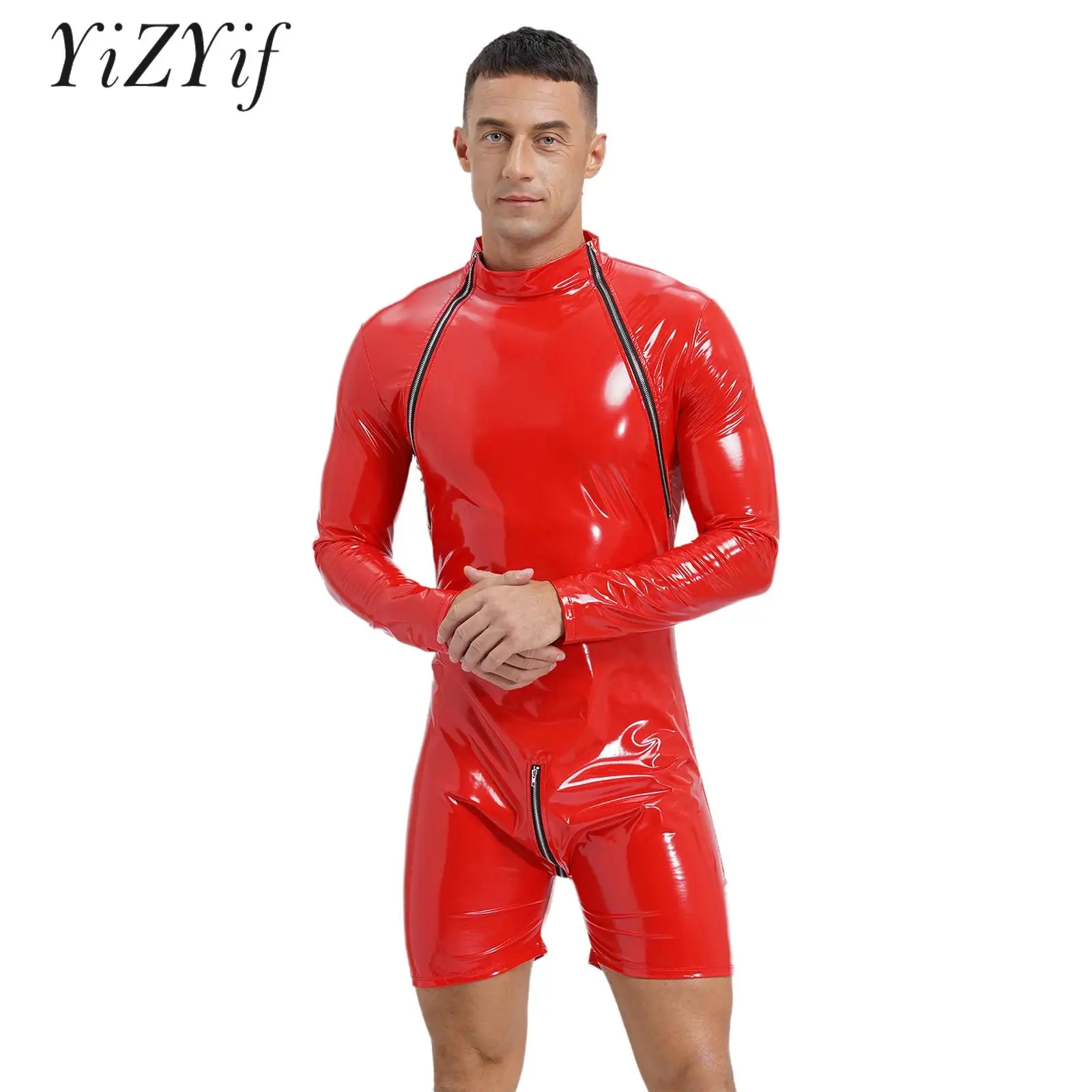 Mens Plus Size Latex Bodysuit Wet Look PVC Leather Shorty Catsuit Club Pole Dance Show Party Music Festival Performance Costume