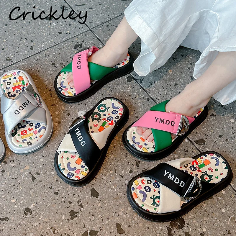 

Printed Children's Fashion Slippers Summer PU Leather Patchwork Slippers For Girls Soft Non Slip Outdoor Children's Slippers