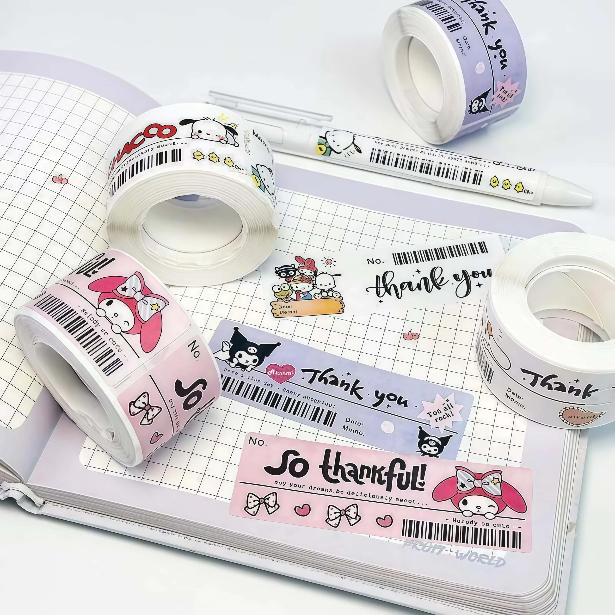 120 قطعة/لفة ملصقات كرتونية شكرًا لك، شارات Kawaii Hello Kitty Kuromi لتغليف الهدايا، مشغولات يدوية ذاتية الصنع |