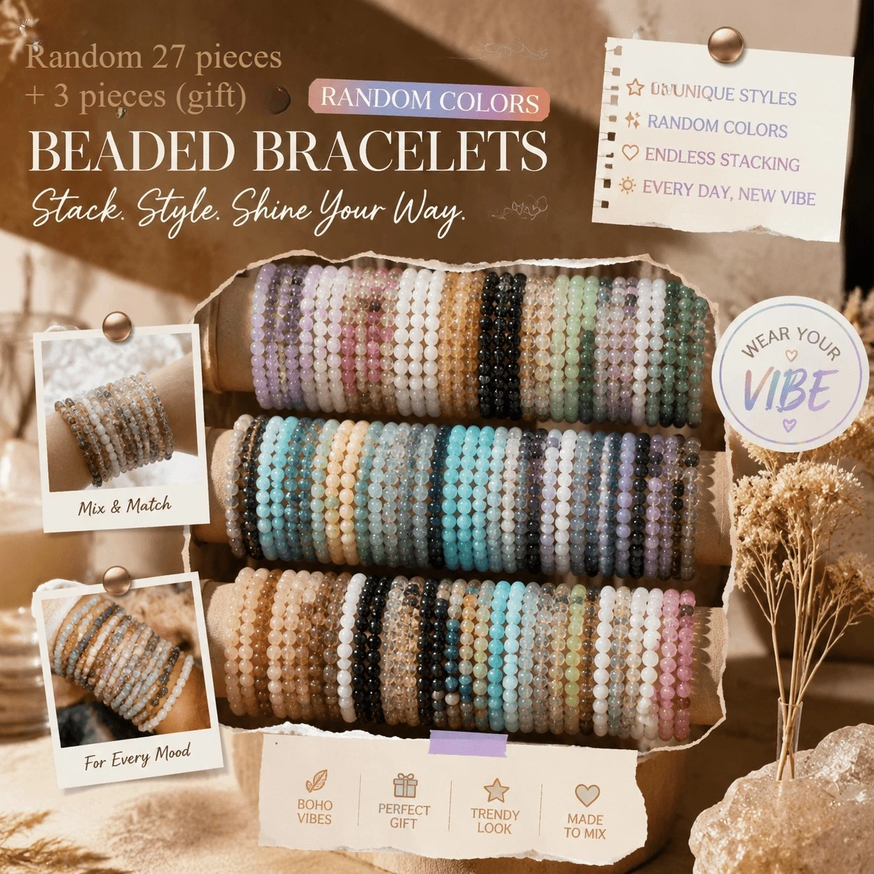 Random 27 Pieces + 3 Pieces (Gift) Mixed Color Beaded Bracelet Set, Unisex, colorful Stackable Layered Bracelets, Trendy Bohemian Style Fashion Jewelry Series, Multiple Styles Suitable for Daily Wear, Personal Accessories, Travel and Gift Giving