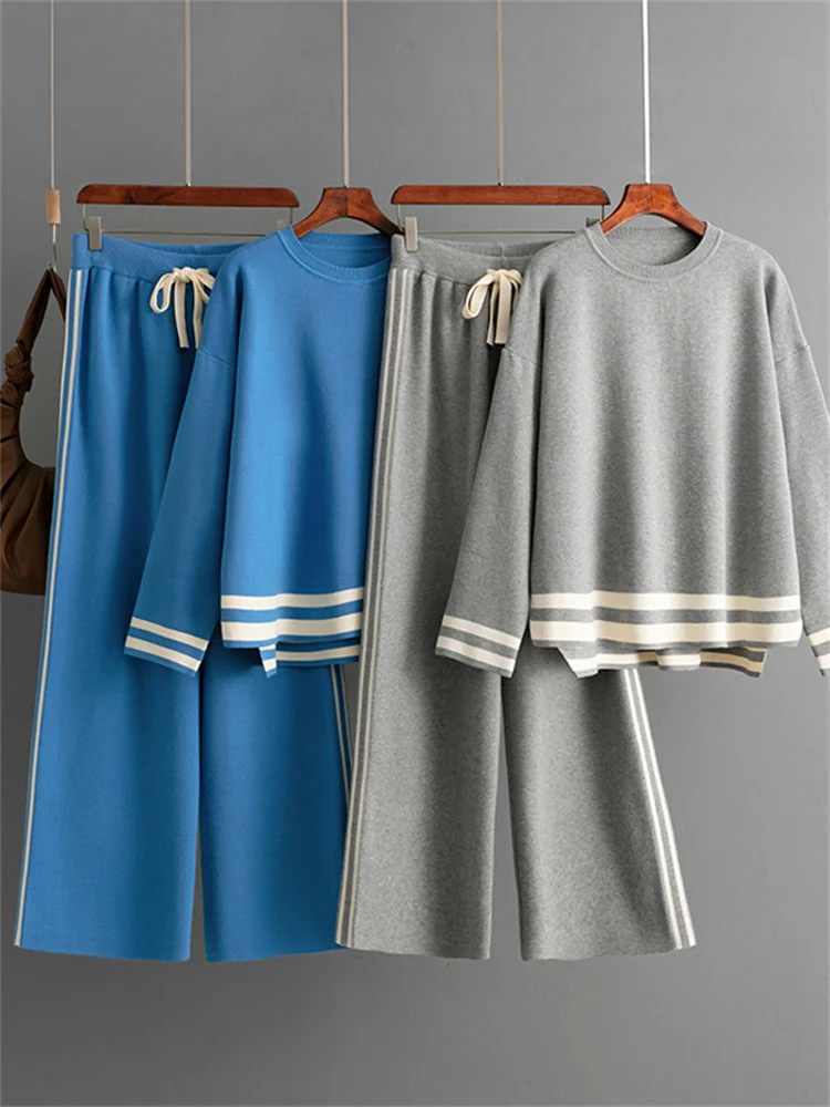 Fashion suit women's autumn and winter knitted round neck loose fitting pullover sweater wide leg pants two-piece set